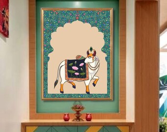 Indian Pichwai , pooja room decor,Indian art ,Pichhwai cow, print with lotus,indian home decor, Indian Lotus Poster,desi print,indian Print