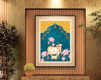 Indian Pichwai , pooja room decor,Indian art ,Pichhwai cow, print with lotus,indian home decor, Indian Lotus Poster,desi print,indian Print