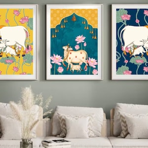 Indian Pichwai , pooja room decor,Indian art ,Pichhwai cow, print with lotus,indian home decor, Indian Lotus Poster,desi print,indian Print