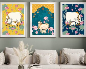 Indian Pichwai , pooja room decor,Indian art ,Pichhwai cow, print with lotus,indian home decor, Indian Lotus Poster,desi print,indian Print
