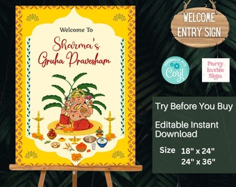 Indian Pooja sign & Ganesh puja sign, Gruhapravesam poster as Grihapravesh sign, Gruhapravesham sign as Indian Housewarming welcome sign