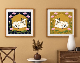Indian Folk Art, Cow Prints, Living Room decor, Printable, Indian Vintage, Printables, Pichwai Painting, Poster, Wall Art
