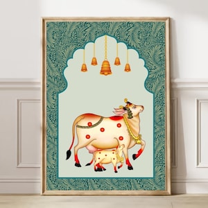 Indian Pichwai , pooja room decor,Indian art ,Pichhwai cow, print with lotus,indian home decor, Indian Lotus Poster,desi print,indian Print