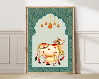 Indian Pichwai , pooja room decor,Indian art ,Pichhwai cow, print with lotus,indian home decor, Indian Lotus Poster,desi print,indian Print