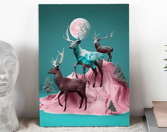 Three deers standing on a hill | animals| dreamscape portraiture | surrealism | unnaturalistic proportions | canvas print | framed poster