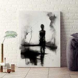 女性の白黒絵画 | コンセプチュアルなデジタルアート | 細身 | 有機的な輪郭 | モダンな水墨画 | ぼやけた | キャンバスプリント
