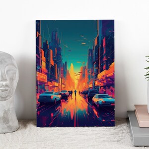 A futuristic city with cars | vibrant color gradients | nostalgic | urban illustration | psychedelic artwork | retro-futuristic cyberpunk