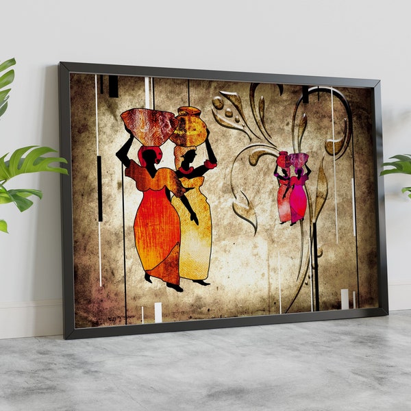 African Ladies Carrying A Pots, Black Woman Art, Abstract African Print, Framed Poster, Clip Frame Poster, Stretched Canvas, Ready To Hang