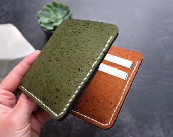 Portefeuille Bi-Fold en liège, porte-carte Billfold végétalien, tissu en liège, vert olive et brun cannelle