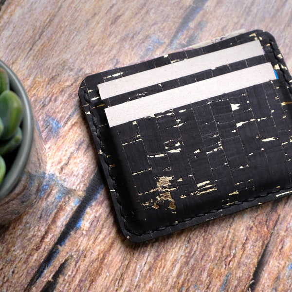 Cork Card Holder, Cork Wallet, Black And Gold Cork Fabric, 3 Pockets