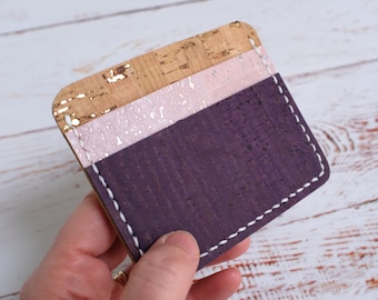 Porte-cartes végétalien, portefeuille en liège, rose naturel et violet