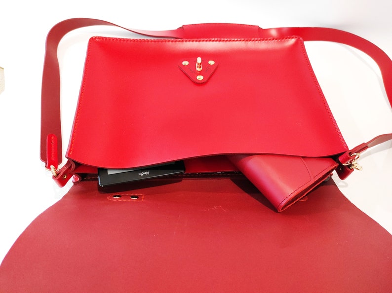 Red Leather Messenger Bag, Woman's Handbag, Leather Crossbody Bag for