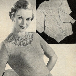 May include: A vintage knitting pattern for a women's twin set. The pattern includes instructions for a short-sleeved sweater with a collar and a cardigan. The pattern is for sizes 34 to 36 inches bust and requires 15 ounces of 3-ply yarn for the main color and 1 ounce of yarn for the contrast color.
