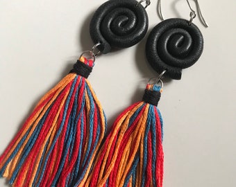 Bold Bright Tassel And Black Swirl Earrings | Statement Colours | Multicolour Earrings | Fashion Jewellery | Statement Outfit | Modern Look