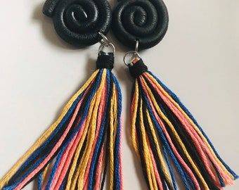 Swirl and Tassel Earrings | Mixed Colour Tassels | Statement Earrings | Unique Jewellery | Polymer Clay Earrings | Bright Style Jewellery