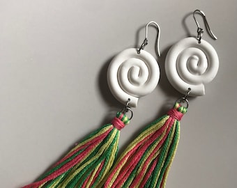 Tassel And Swirl Statement Earrings | Rainbow Earrings | Multicolour Earrings | Polymer Clay Jewellery | Lightweight Earrings