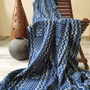 Indigo Blue and White Mudcloth Throw Blanket with Tassels, Turkish Throws Blankets, Block Printed Blankets, Bedspread, Decorative Bed Throws