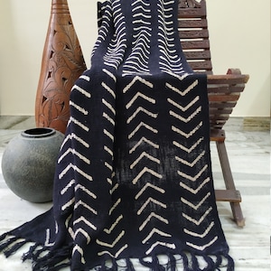 Black Throw Blanket, Hand Block Printed Bedspread, Sofa Covers, Couch Coverlet, Bed Runner with Tassels, Living Room Decor, Mudcloth Bedding
