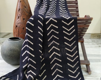 Black Throw Blanket, Hand Block Printed Bedspread, Sofa Covers, Couch Coverlet, Bed Runner with Tassels, Living Room Decor, Mudcloth Bedding