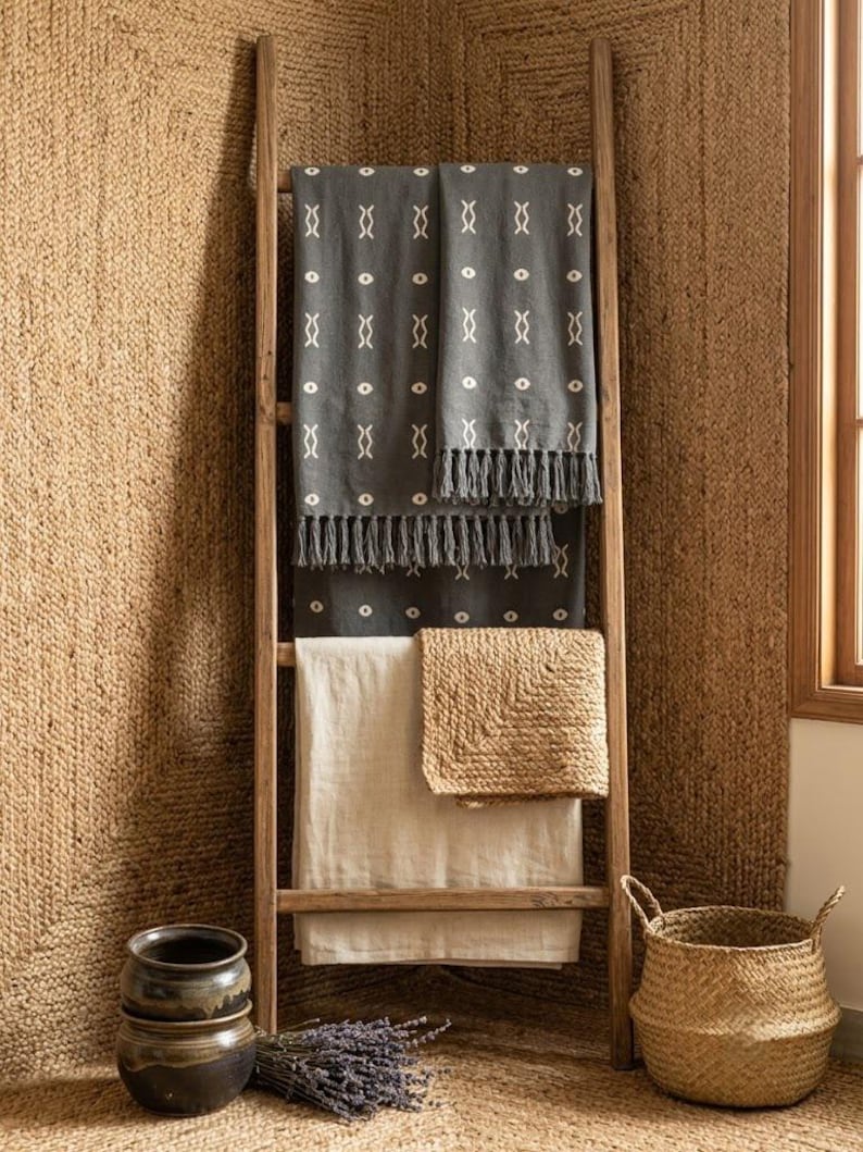 Boho Antracitgrå Vävd Filt Lera Bomull Sofföverdrag Fransad Sänglöpare bild 8