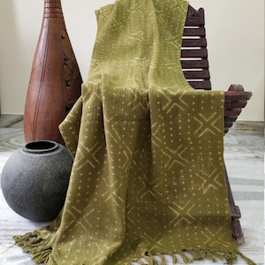 Olive Green Throw, Cotton Bedspread, Couch Sofa Blanket, Living Room Decor, Handloom Decorative, Handwoven Coverlet, Bed Runner with Tassels