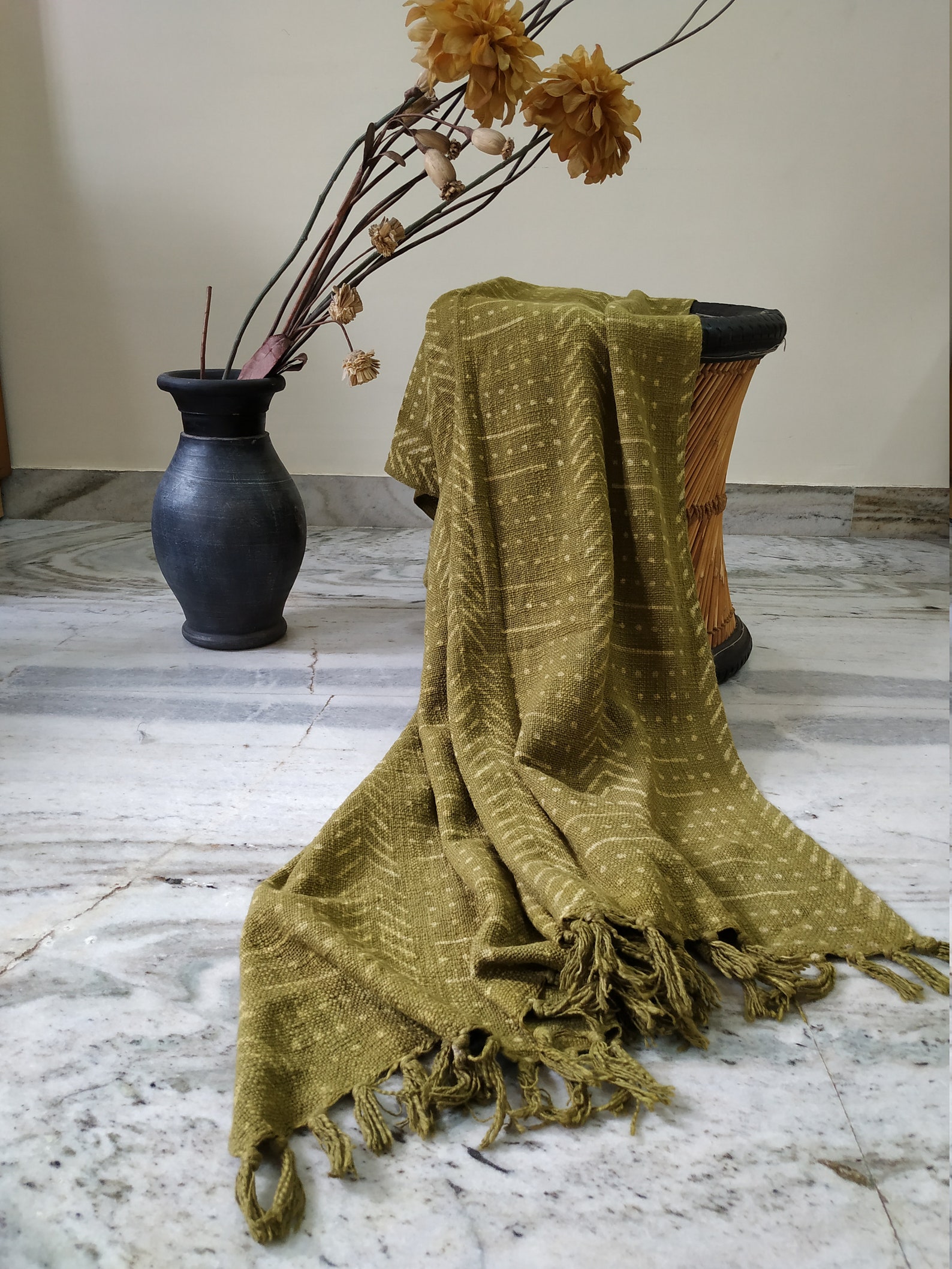 Olive Green Throw Blanket for Sofas Beach Throws Boho Cotton Fringed