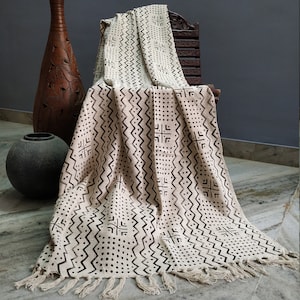 Handloom Mudcloth Blanket / Cotton Fringed Blankets / Throw Blankets Tassels / Hand Block Printed / Hand Dyed Bed Runner / Housewarming Gift