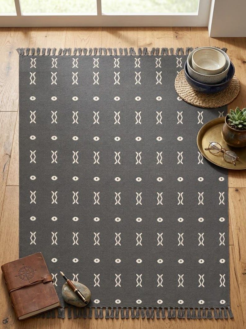 Boho Antracitgrå Vävd Filt Lera Bomull Sofföverdrag Fransad Sänglöpare bild 10