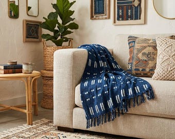 Blå bomullsfilt 120 x 170 cm handtryckt boho sofföverdrag geometrisk sänglöpare