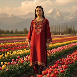 Op de afbeelding: Een donkerrode tuniek met lange mouwen en ingewikkeld, veelkleurig bloemenborduursel rond de halslijn, manchetten en zoom. Het kledingstuk wordt gecombineerd met een bijpassende rode broek, wat een set vormt met gedetailleerd naaiwerk.
