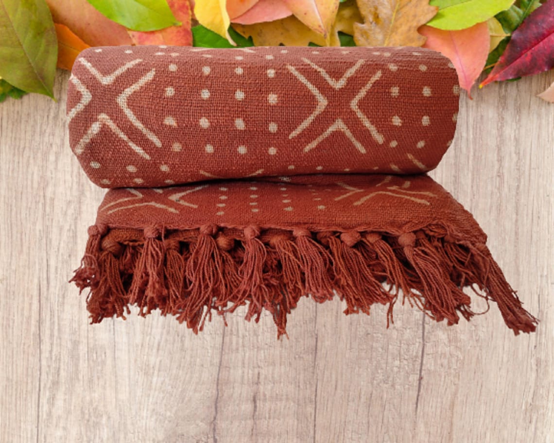 Rust Mudcloth Cotton Woven Throw Blanket With Tassels Etsy