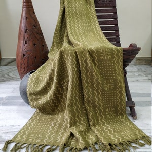 Olive Green Throw Blanket, Hand Loomed Bed Runner, Mud cloth Cotton Bedspread, Couch Sofa Coverlet, Boho Style Bedroom Decor, Bed Cover Gift