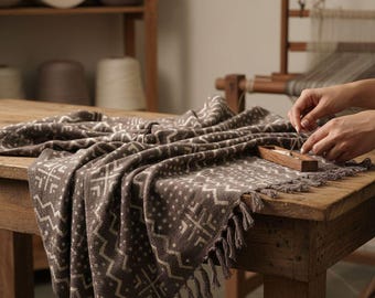 Hand Loomed Cotton Throw Blanket, Dark Gray Boho Mudcloth Design, Sofa Bedding Home Decor