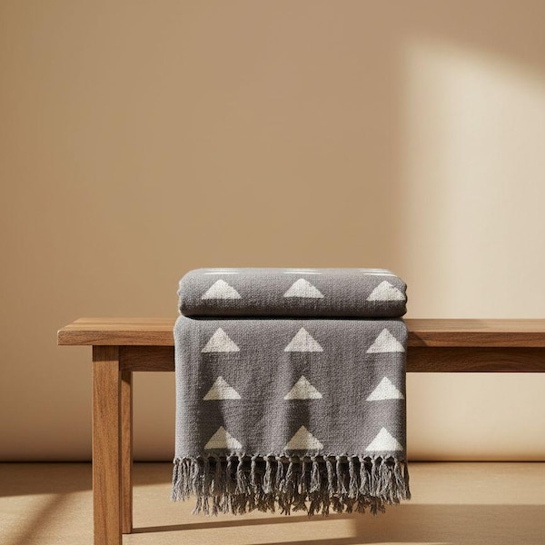 Hand Loomed Cotton Throw Blanket with Tassels – Dark Gray Tribal Boho Home Decor