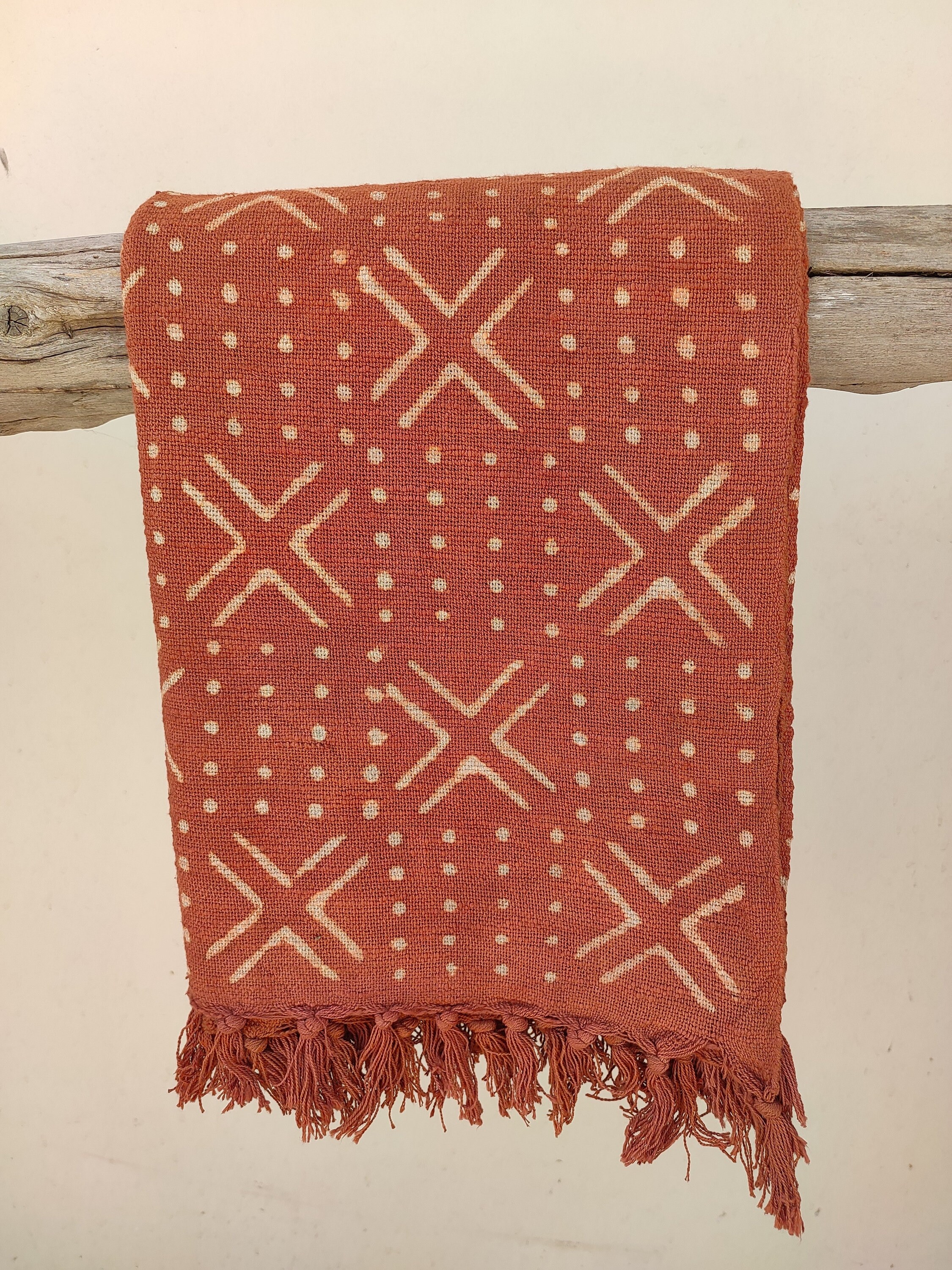 Rust Mudcloth Cotton Woven Throw Blanket With Tassels Etsy