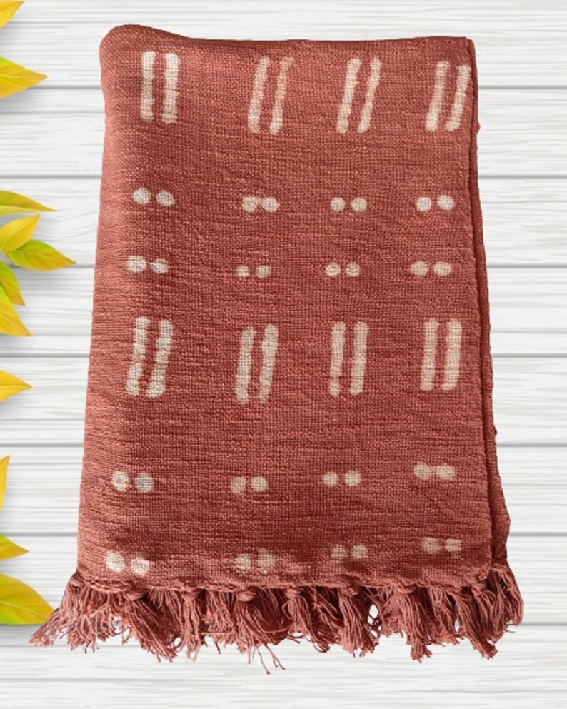 Rust Mudcloth Throw,bed Runner,boho Linen Cotton Throw Blanket With