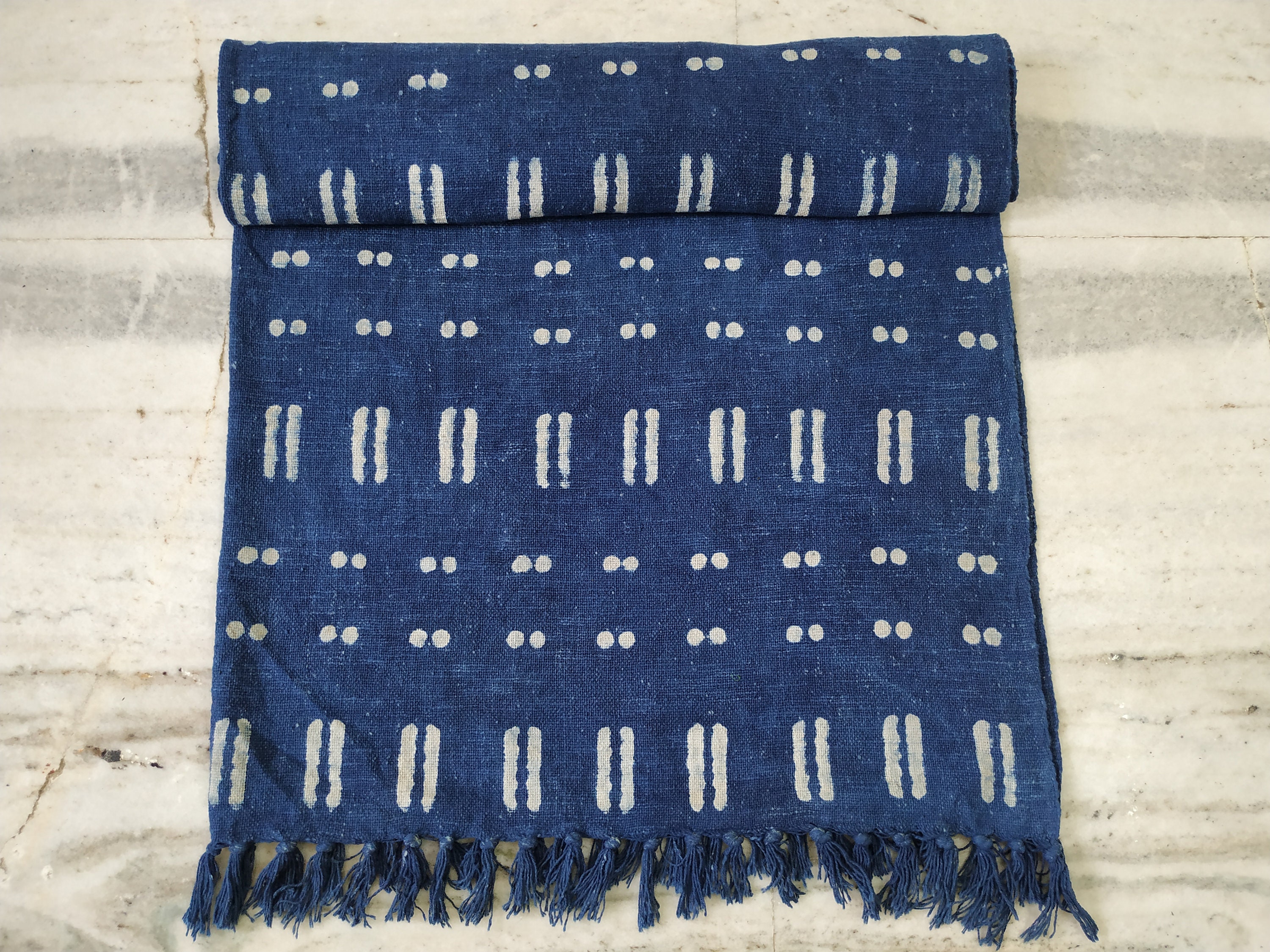 Blue Throw Blanket, Mud Cloth Bed Runner, Organic Cotton Bedspread, Bohemian Sofa Cover, Farmhouse Decor, Boho Style Bedroom, Couch Coverlet