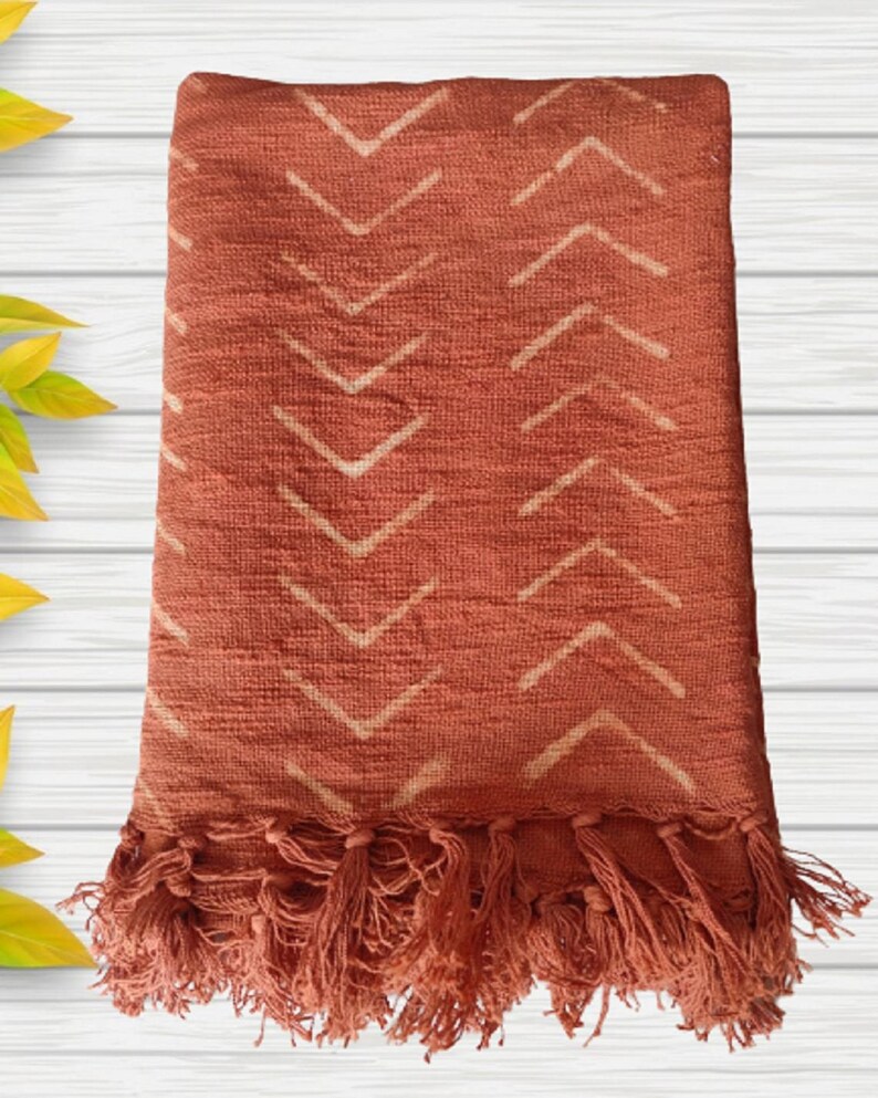 Rust Mudcloth Throw,bed Runner,boho Linen Cotton Throw Blanket With