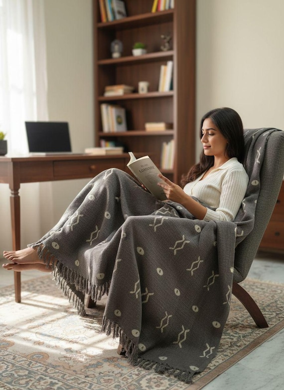 Hand Woven Cotton Throw Blanket: Dark Gray Boho Fringed Bed Runner