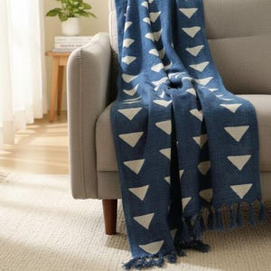 Indigo Mudcloth Throw, Handwoven Cotton Bedspread, Decorative Handloom Blanket with Tassels