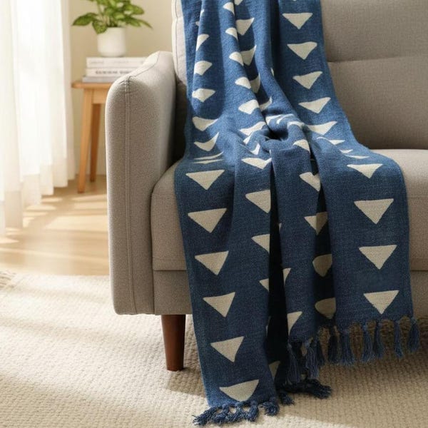 Indigo Mudcloth Throw, Handwoven Cotton Bedspread, Decorative Handloom Blanket with Tassels