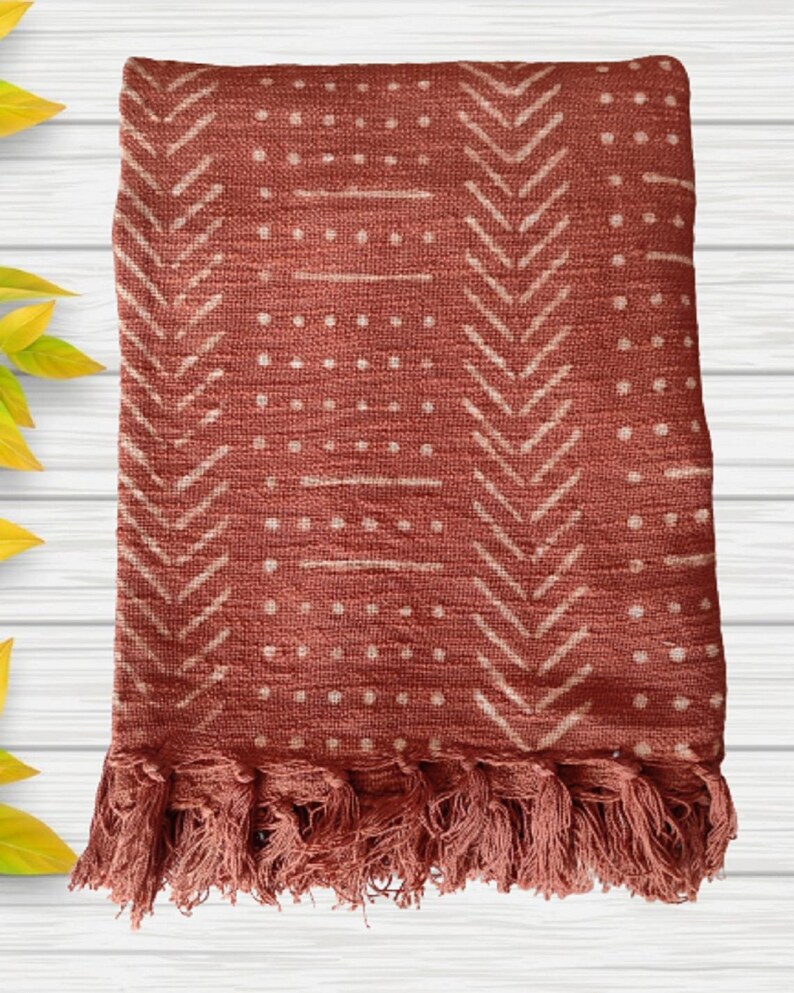 Rust Mudcloth Throw,bed Runner,boho Linen Cotton Throw Blanket With