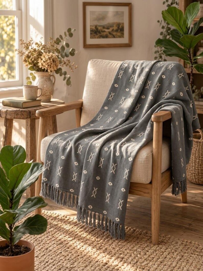 Boho Antracitgrå Vävd Filt Lera Bomull Sofföverdrag Fransad Sänglöpare bild 4