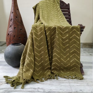 Olive Green Cotton Throw Blanket, Hand Loomed Boho Bedspread