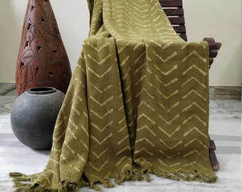 Olive Green Throw Blanket, Hand Loomed Bed Runner, Mud cloth Cotton Bedspread, Couch Sofa Coverlet, Boho Style Bedroom Decor, Bed Cover Gift