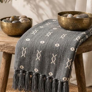 Boho Antracitgrå Vävd Filt Lera Bomull Sofföverdrag Fransad Sänglöpare bild 11