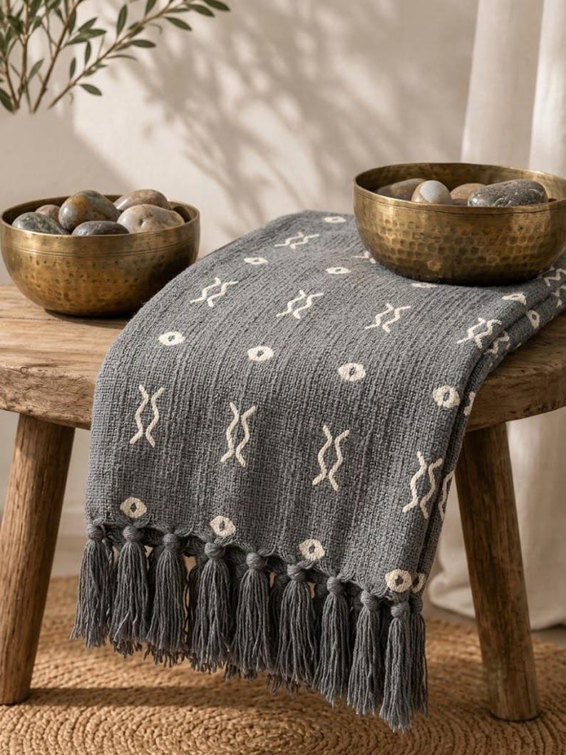 Boho Antracitgrå Vävd Filt Lera Bomull Sofföverdrag Fransad Sänglöpare bild 11
