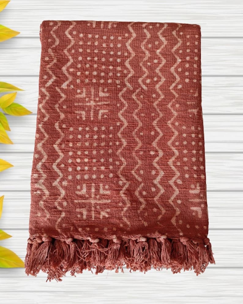 Rust Mudcloth Throw,bed Runner,boho Linen Cotton Throw Blanket With