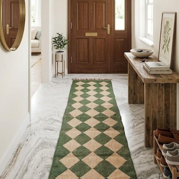 Green Jute Diamond Runner Rug 2x7 Handwoven Boho Hallway Carpet Rustic Floor Fringed Mat