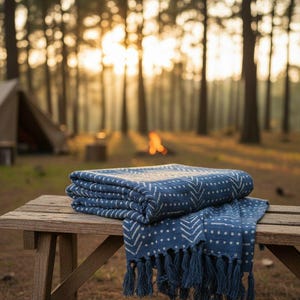 Handmade Indigo Cotton Throw Blanket, Bohemian Decor, Fringed